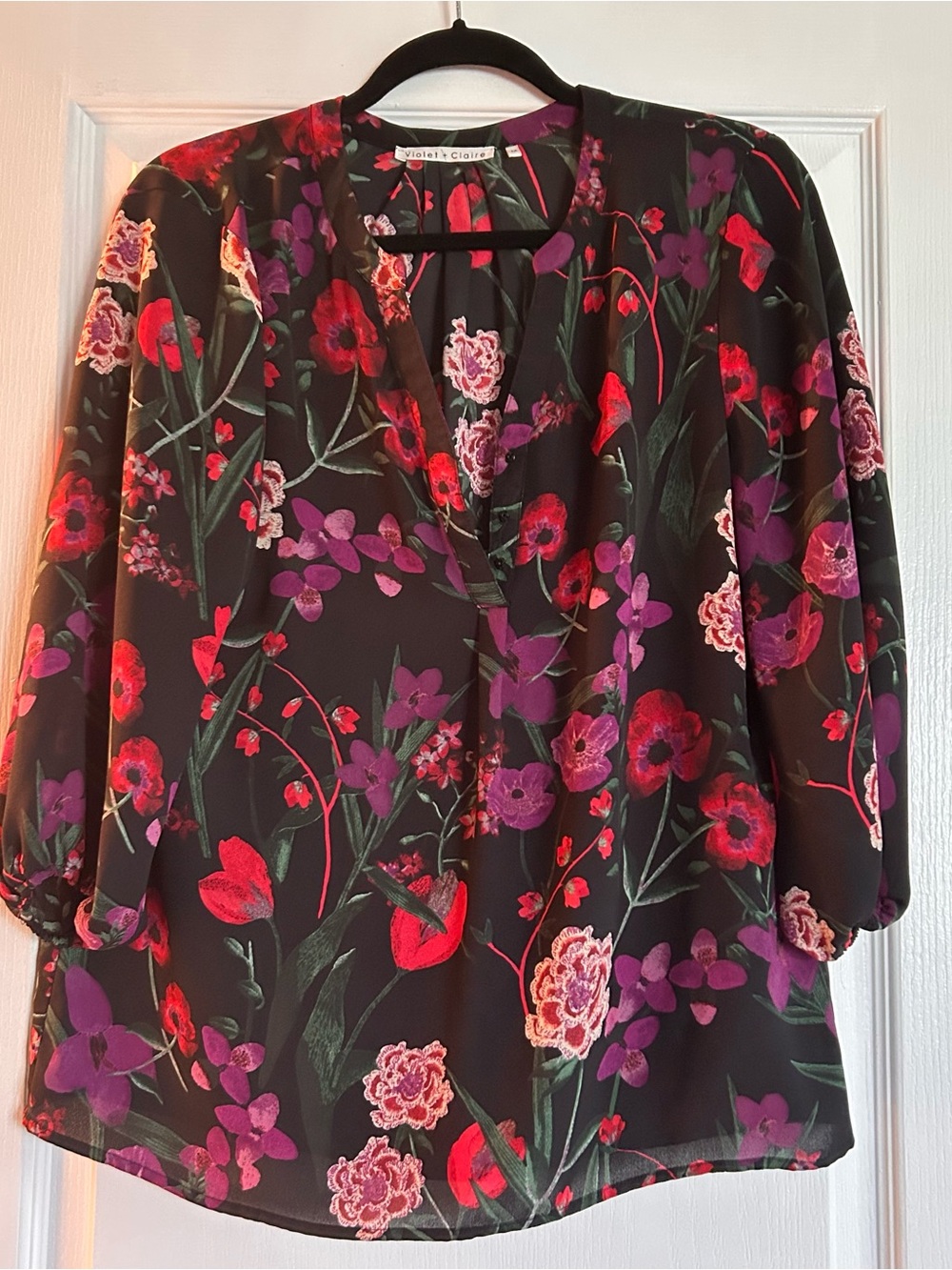 Violet & Claire Black Floral V-Neck Blouse - Red & Purple Floral